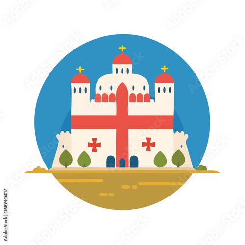 Cartoon illustration of an old church with a red cross against a blue sky on a tan landscape