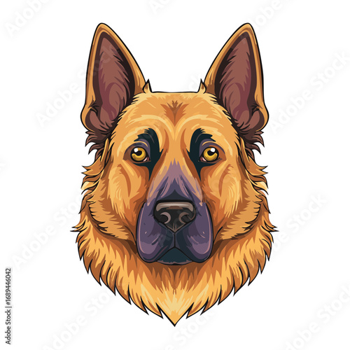 Illustrative headshot of a German Shepherd dog with pointed ears and focused golden eyes on a black background.