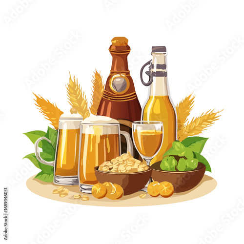 Beer Still Life: Mugs, Bottles, Malt, Hops, and Wheat on a Tray, Beverages for Drinkers, Festive Pub Celebration