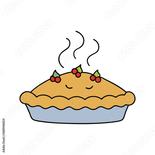 Freshly Baked Holiday Pie with Berries and Steam Festive Dessert Vector illustration.