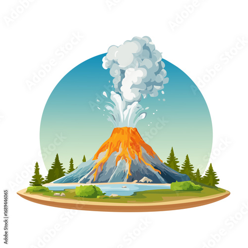 Volcano Eruption Illustration with Lava Flow and Smoke on a lush island with green trees and a blue sky