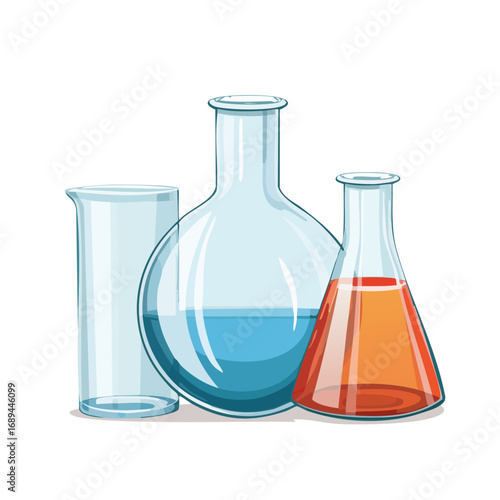 Lab Glassware Cartoon Illustration with Colorful Liquids, Research Supplies