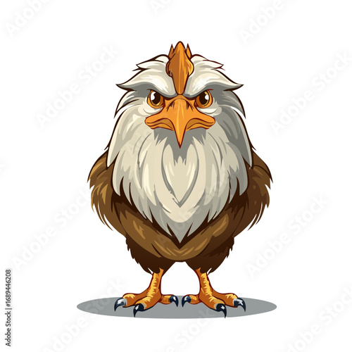 Cartoon-style eagle character illustration with striking gaze and sharp talons on a dark backdrop.