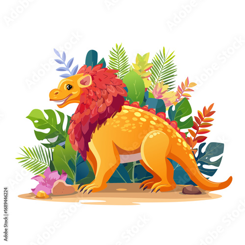 Cartoon Dinosaur with Mane Surrounded by Tropical Foliage