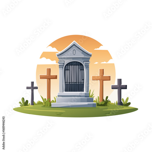 Cartoon crypt surrounded by crosses at sunset concept for halloween theme