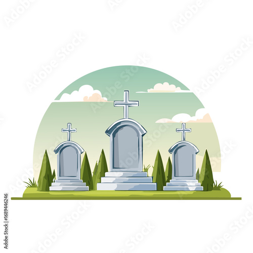 Cemetery scene with tombstones crosses and trees Peaceful final resting place in a graveyard under a serene sky