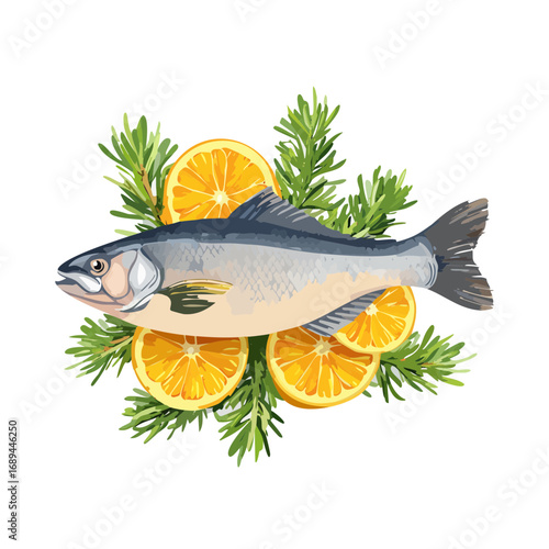 Fresh fish illustration with orange slices and herbs for seafood menu design or recipe art