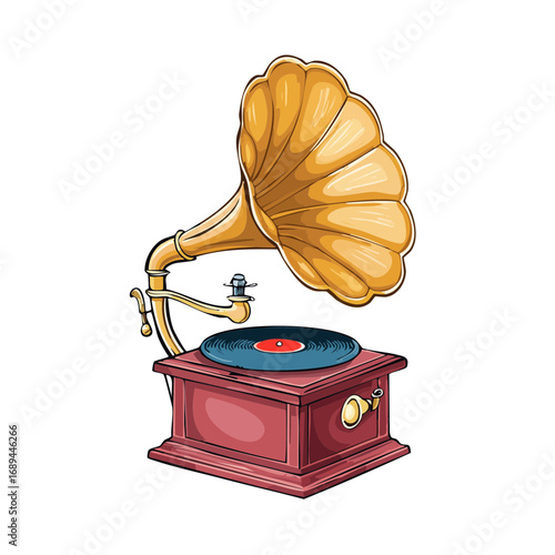 Vintage Gramophone with Vinyl Record and Horn Speaker Illustration