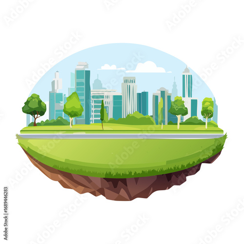 Cityscape with green park floating above ground, modern buildings and trees