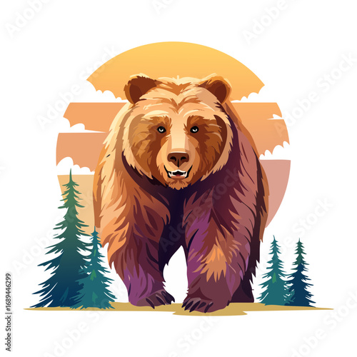 Majestic brown bear illustration walking among evergreen trees in nature scene sunrise wildlife vector graphic