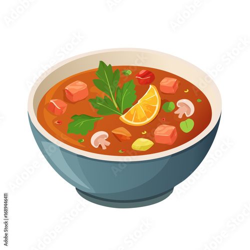 Delicious tomato soup in bowl vector illustration garnished with parsley lemon and mushroom