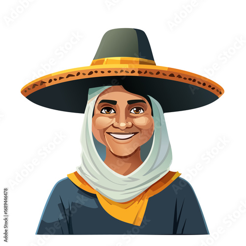 Smiling woman wearing a sombrero and scarf Cartoon style cheerful expression dark hair