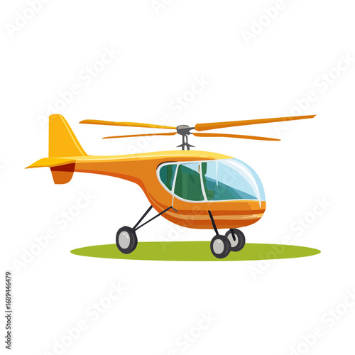 Cartoon Style Orange Helicopter on Green Patch Isolated on Black Background