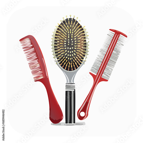 Hair care tools illustration oval brush and two red plastic combs for styling