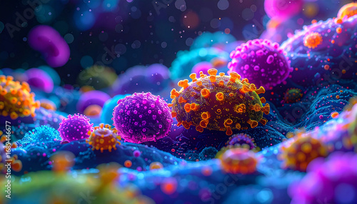 A Vibrant Macro-Art of the Human Microbiome, Depicting Microorganisms as a Colorful and Luminous Alien Galaxy