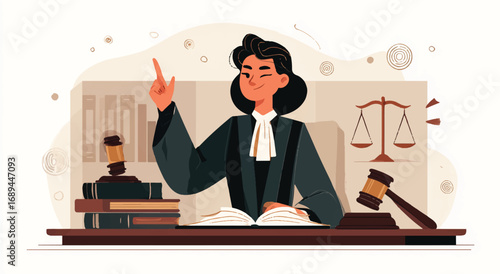 Female Judge in Robe with Gavel Scales and Books Explaining Legal Ruling and Justice System Concepts