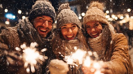 winter holidays and people concept  happy friends with sparklers celebrating christmas at home feast over snow no logos no brands ar 169