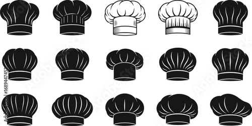 Chef hat silhouette collection — 16 black vector icons with diverse shapes, culinary headwear styles, kitchen branding, cooking design elements