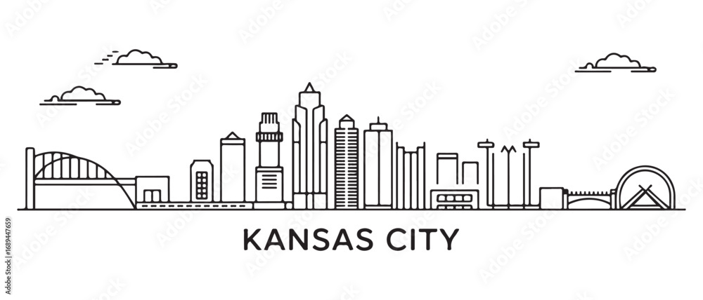 Naklejka premium Kansas City Line Art skyline. Travel Kansas City famous landmarks. Business and tourism concept for presentation, banner, web site. with white background