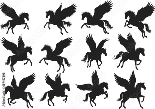 Pegasus horse silhouette collection, flying winged horse vector, mythical creature illustration, fantasy animal clipart, magical horse designs, winged stallion shapes