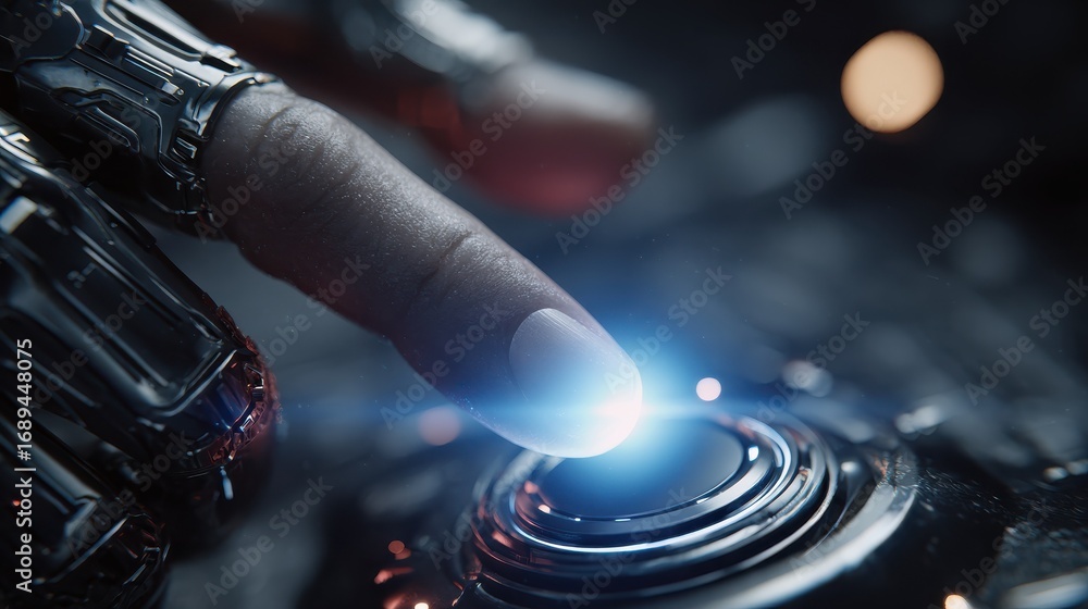 Obraz premium digital ignition a closeup shot highlights a finger poised to initiate a digital start sequence highlighting the fusion of human touch and futuristic technology