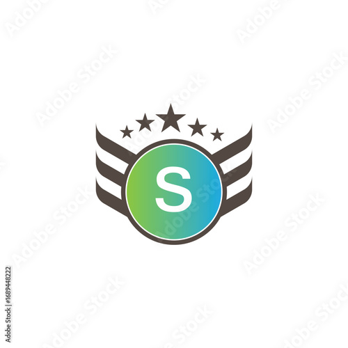 Circular emblem with letter s and wings and stars representing achievement or award