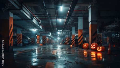Halloween pumpkins glowing in a dark underground parking garage with wet reflective floor surface