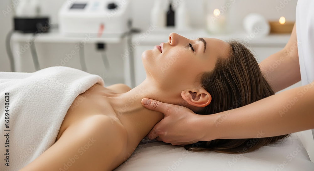 Obraz premium Masseuse giving relaxing neck massage to client in spa