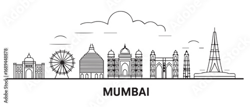 Mumbai Line Art skyline. Travel Mumbai famous landmarks. Business and tourism concept for presentation, banner, web site. with white background