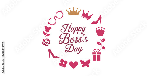 Happy Boss's Day design with circular icon arrangement, pink and gold accents, and decorative font—ideal for festive workplace appreciation 