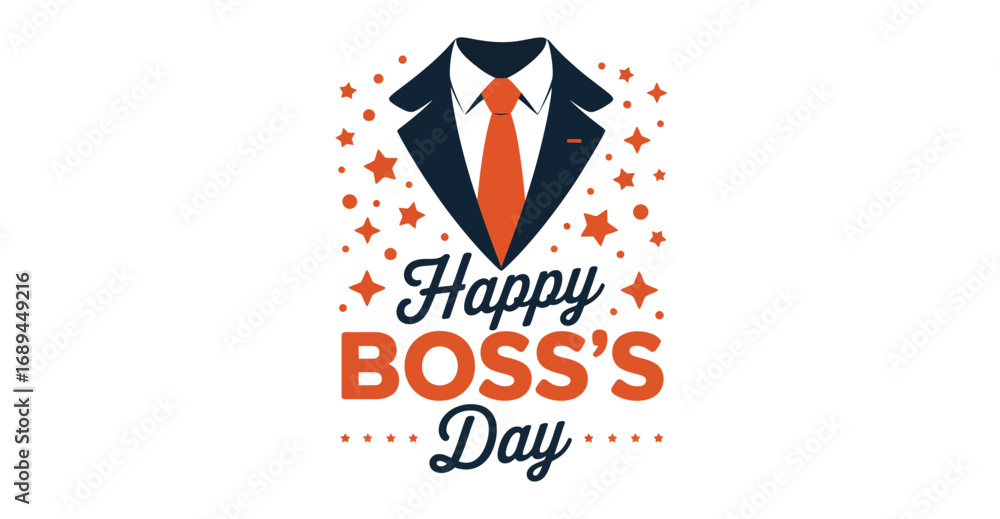 Fototapeta premium Happy Boss's Day design with orange tie, bold typography, and festive star accents—ideal for corporate greetings and workplace appreciation
