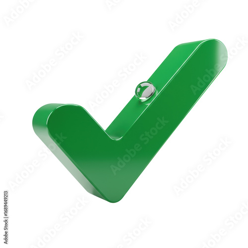 A 3D emerald green checkmark icon, polished and reflective, with a clear water droplet, isolated on a seamless transparent background, diffused studio lighting, symbolizing completion and quality