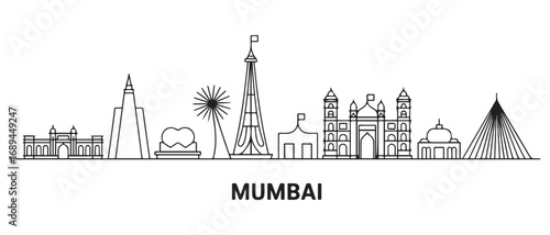 Mumbai Line Art skyline. Travel Mumbai famous landmarks. Business and tourism concept for presentation, banner, web site. with white background