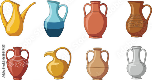 Ancient ceramic pottery vector set with traditional clay vessels, historical amphora illustrations, vintage earthenware icons for cultural design themes