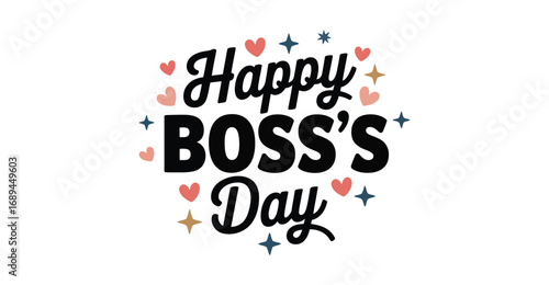 Playful Happy Boss's Day design with red and pink hearts, blue star accents, and bold typography—ideal for cards, social media, and office greetings 