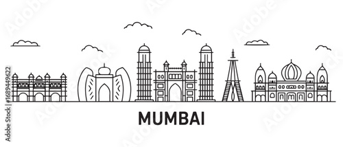 Mumbai Line Art skyline. Travel Mumbai famous landmarks. Business and tourism concept for presentation, banner, web site. with white background