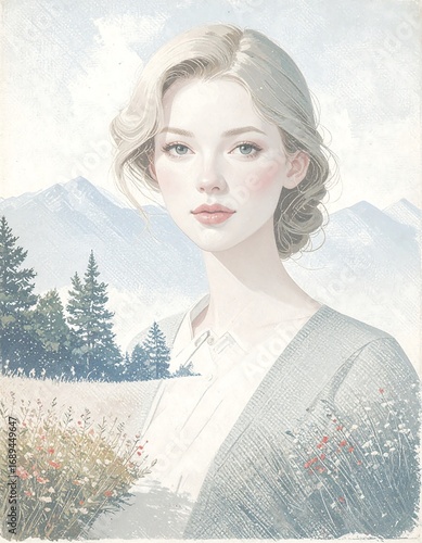 Woman, mountains, soft colors
