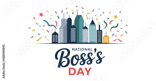  National Boss's Day design with colorful confetti, city skyline, and elegant script—ideal for corporate greetings and workplace celebrations