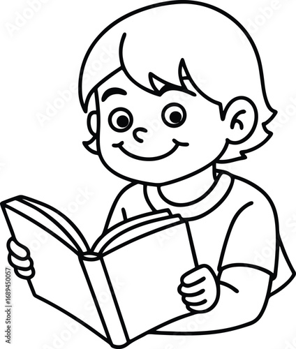 Boy reading book coloring page for kids