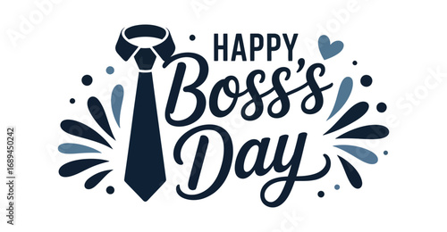  Festive Happy Boss's Day design with dark blue necktie, hearts, and splash accents—ideal for corporate greetings, cards, and social media