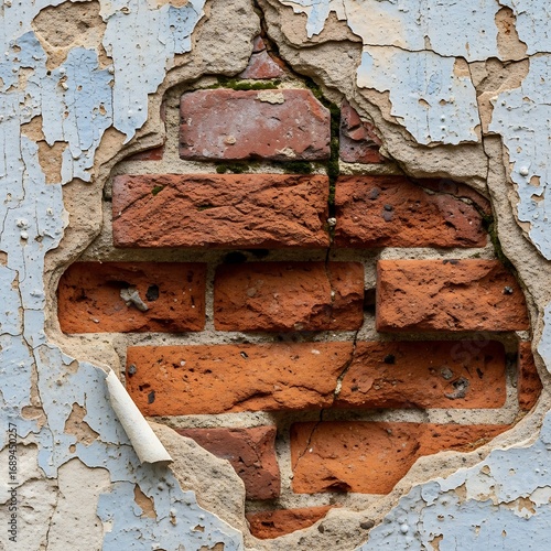 A weathered brick wall section reveals a crack where peeling paint exposes the underlying mortar and bricks.