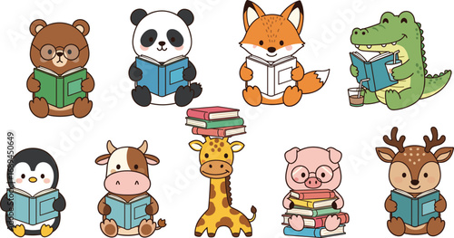 Cartoon animals reading books together in cute classroom setting, promoting education, literacy, learning, and fun for children and schools