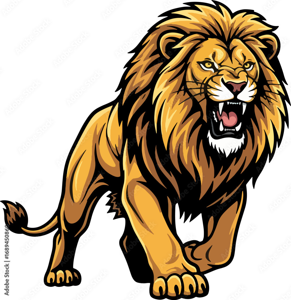 Obraz premium Powerful vector illustration of a roaring lion walking forward. Symbol of strength, courage, and wildlife. Suitable for mascot designs, safari themes, jungle animals, and logo concepts.