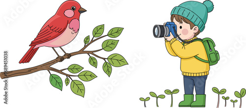Cartoon child photographing bird in nature with camera and backpack, educational vector for wildlife observation, outdoor learning and exploration concept