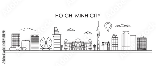 Ho Chi Minh City Line Art skyline. Landscape Ho Chi Minh City, Vietnam. Vector illustration. with white background