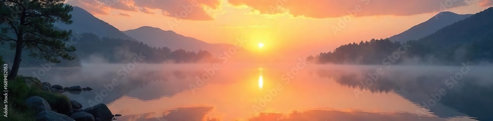 Fototapeta premium Serene sunrise over a tranquil lake, reflecting soft light and peaceful mist Perfect for meditation, yoga, mindfulness, and spiritual themes A gentle, hopeful atmosphere , beautiful, nature