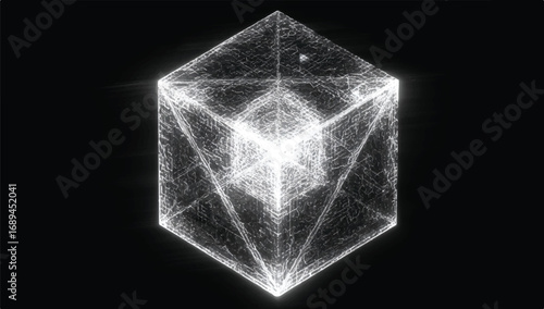 Futuristic glowing cube abstract design with intricate light patterns and internal structure a modern geometric concept