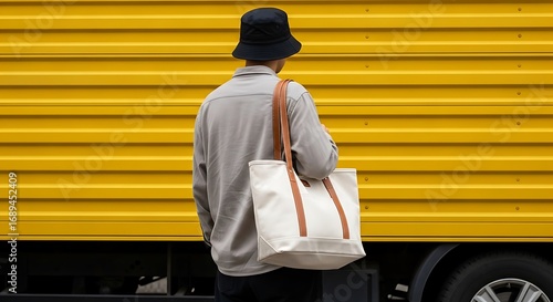 Man with a bucket hat carrying a canvas tote bag in front of a yellow truck