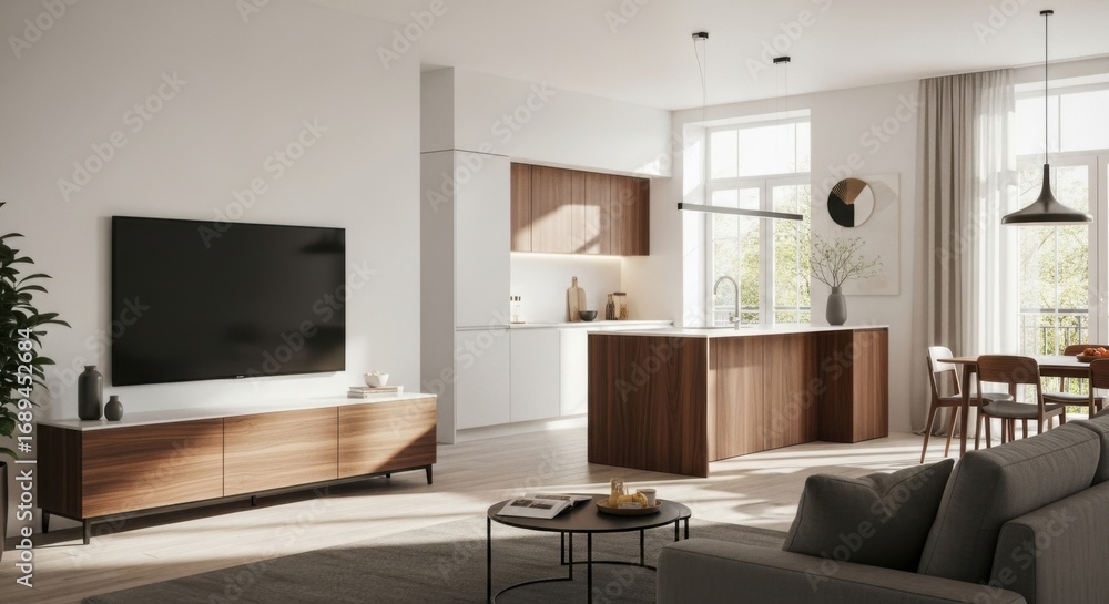 Fototapeta premium Modern Minimalist Open-plan Living Room with Kitchen and Dining Area in Bright Natural Light