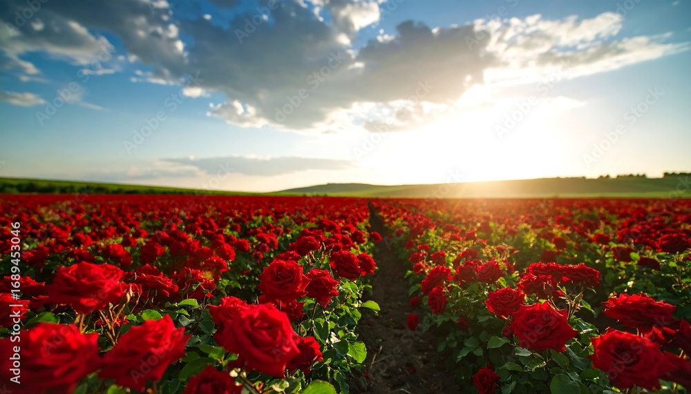 Fototapeta premium Red rose field at sunset